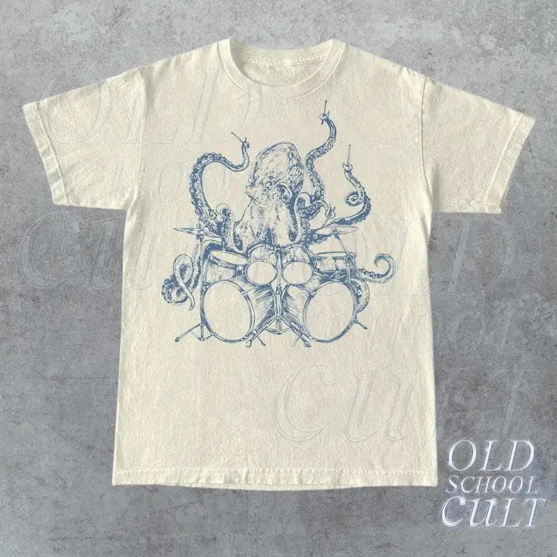 Octopus Playing Drums Retro T-Shirt, Octopus Vintage Tattoo Style Shirt, Unisex Funny T Shirt, 90s Graphic Tee, Octopus Drummer Music Gift