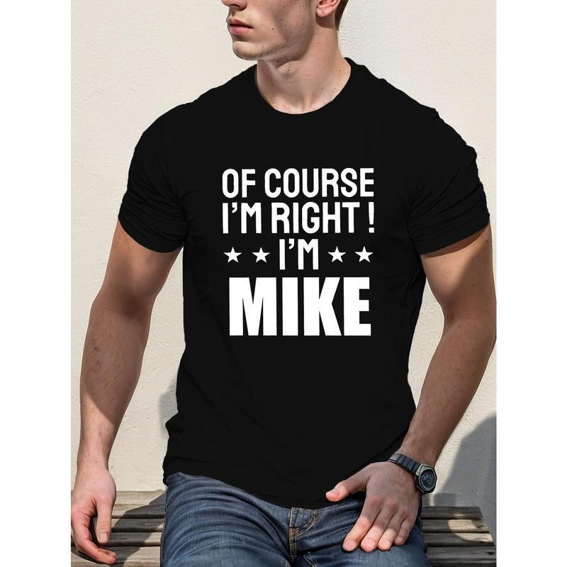 Of Course I'm Right Pattern Print Solid Drop Shoulder T-Shirts For Men, Vintage Street Wear Basic Tees Baggy Hip Hop Tops Made in USA