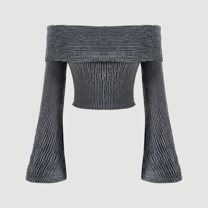 Off The Shoulder Sweater Bell Long Sleeve Slim Fitted Crop Tee TopY2K