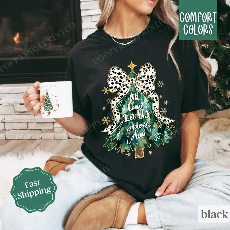 Oh Come Adore Him Shirt Comfort Colors, Religious Christmas Tee, Women's Holiday Tshirt