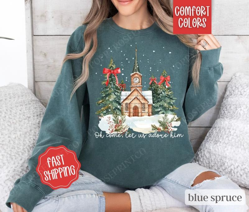 Oh Come Let Us Adore Him Comfort Colors Sweatshirt, Holiday Sweater Womenswear, Xmas Crewneckstyle{n002}2