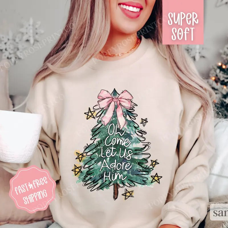 Oh Come Let Us Adore Him Sweatshirt, Christmas Sweater, Women's Holiday Crewneckstyle{n002}3