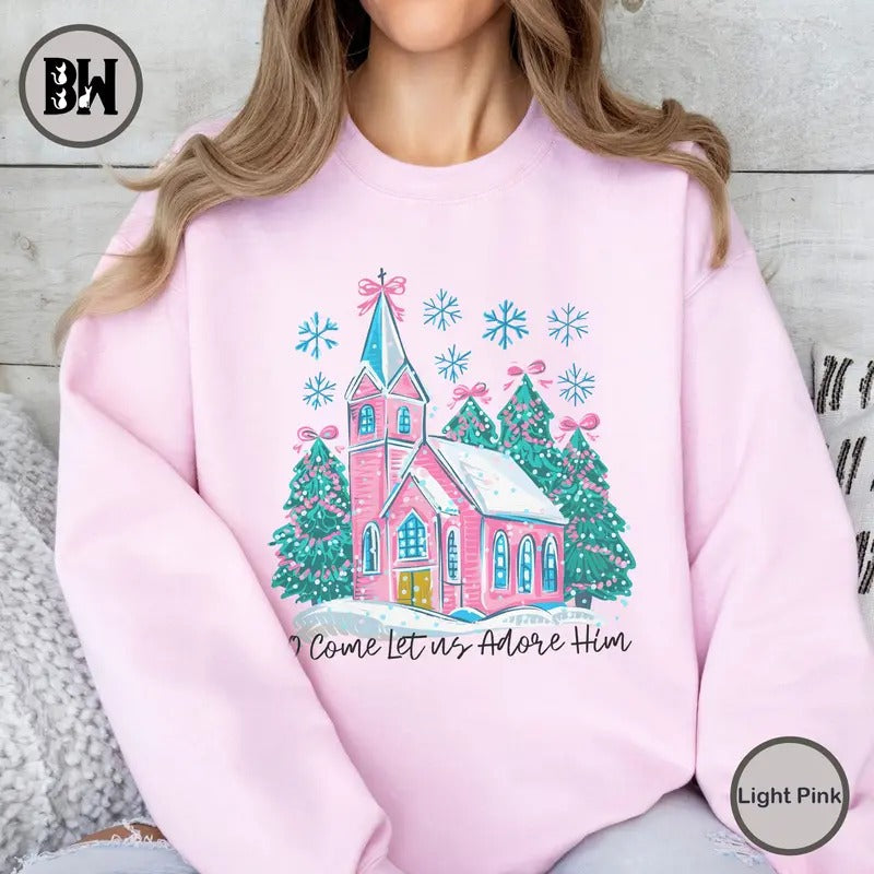 Oh Come Let Us Adore Him Sweatshirt, Jesus Christmas Sweatshirt, Coquette Christmas Tree Shirt, Hand Drawn, Christian Christmas Shirt, Watercolor Christmas