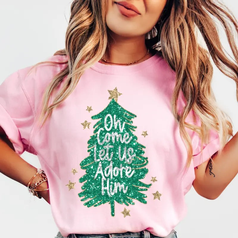 Oh come let us adore him tree Women's Oversized Christmas Shirt - Festive Printed Design - Cotton, Comfortable This item is printed, it does not have real sparkles. This is printed to look like sparkles faux sparkles