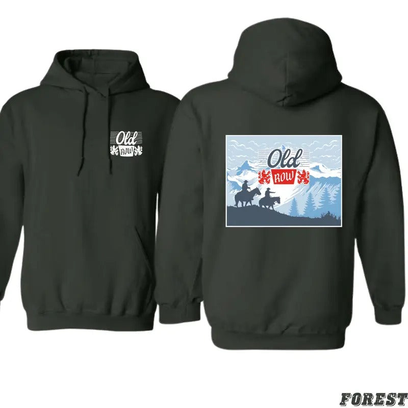 Old Row Hoodie - Scenic Mountain and Cowboy Design Perfect for Outdoor Adventurers, Unisex Hoodie for Casual Comfort and Western Style Menswear Sweaters