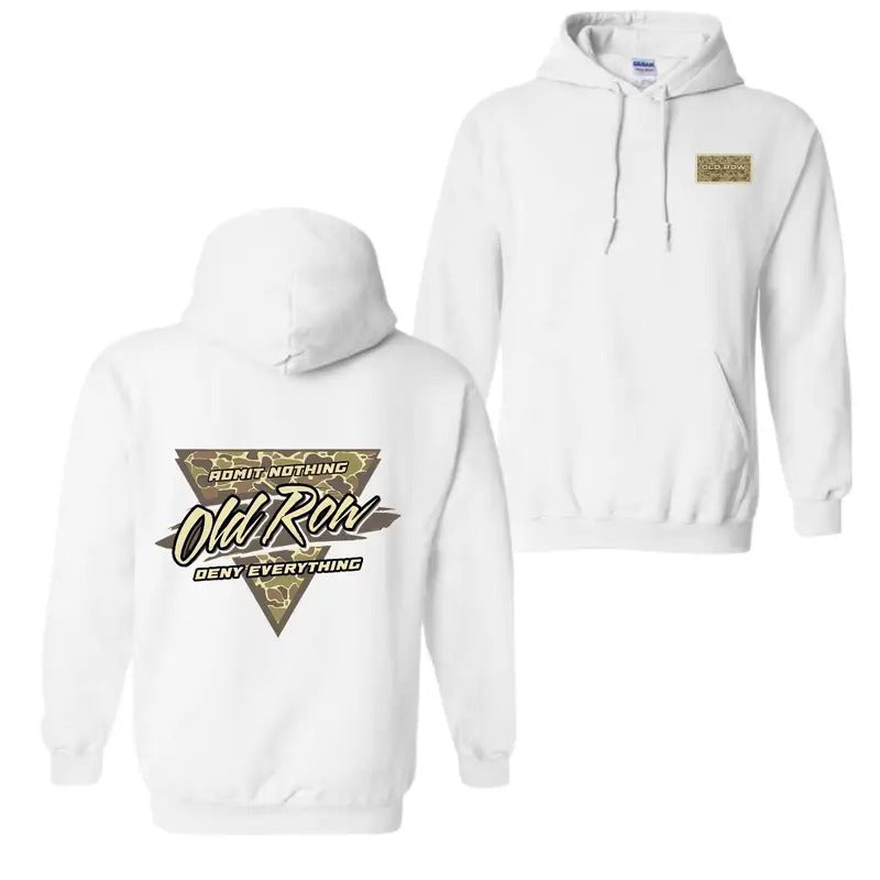 Old Row Hoodie with Bold Admit Nothing, Deny Everything Graphic, Camo Triangle Design, Perfect for Fans of Classic Old...