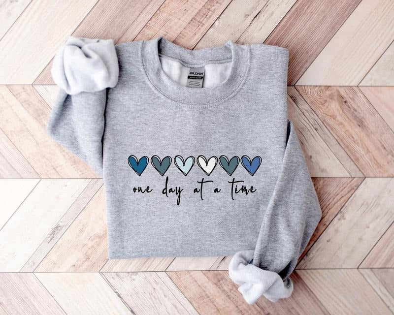 One Day At A Time Sweatshirt, Mental Health, Wellness, Hearts Sweatshirt, Women's Crew Neck, Crewneck Casual Comfort...