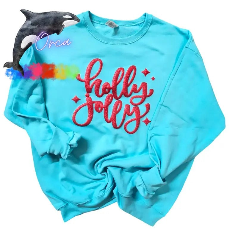 Orca ~ HOLLY JOLLY Unisex Sweatshirts with Red Puff Glitter ~ Small - 4XL Christmas Crewneck Casual Womenswear