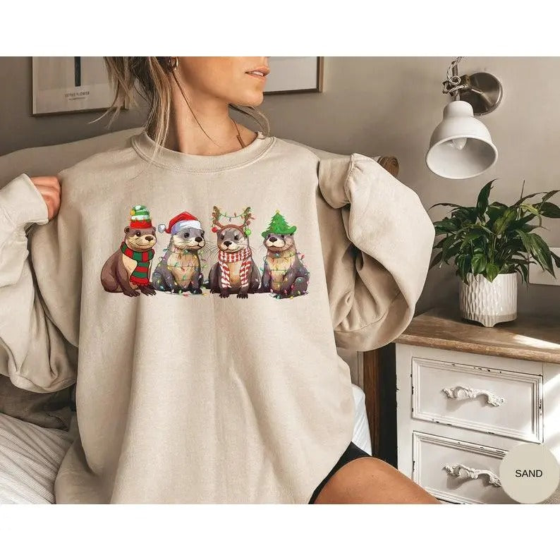 Otters Christmas Lights Sweatshirt, Hoodie, T - Shirt, Otters Merry Christmas Shirt, Otter Lover Christmas Gift, Sea Animal Christmas Apparel, Christmas Gifts