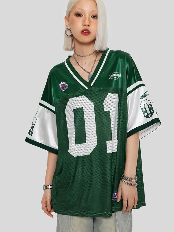 Oversized Letter Graphic Jersey Tee Color Block Short Sleeve Y2K Mesh Football Jersey Tops