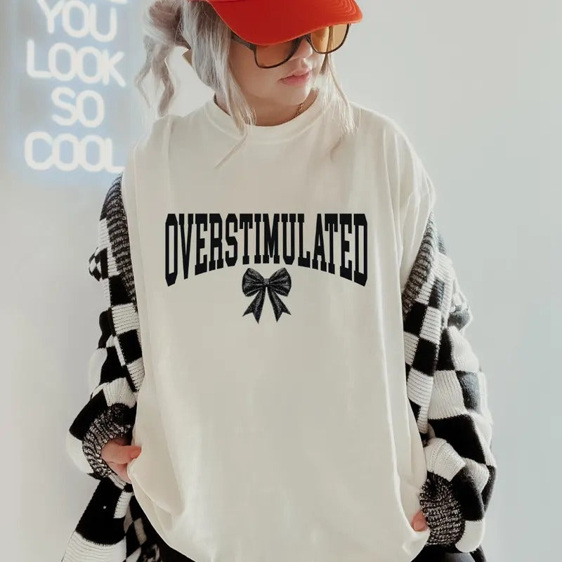 Overstimulated Bow Shirt, Comfort Colors, Christmas Coquette Shirt, Women's Holiday Tee, Casual Comfy Graphic