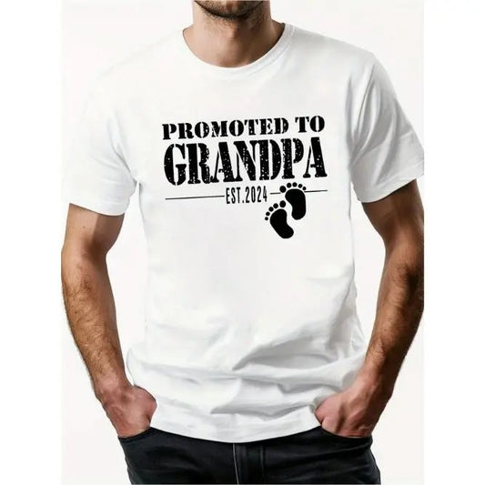 "PROMOTED TO GRANDPA" letter printed men's round neck short sleeve cotton T-shirt, comfortable and breathable, casual summer T-shirt, suitable for everyday and outdoor wear Made in USA