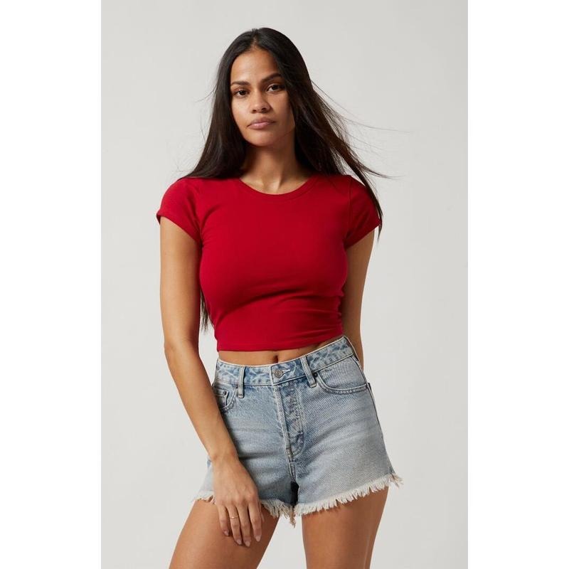 PacSun Women's Light Indigo Frayed Button Fly High Waisted Denim Festival Shorts T-Shirts, Hoodie, Sweatshirt