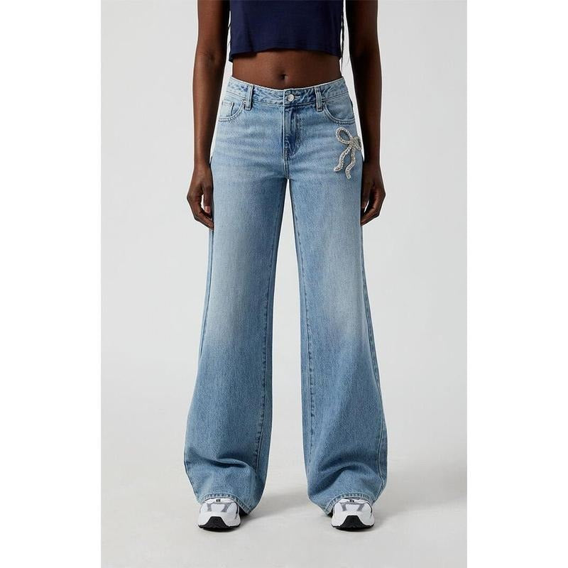 Pacsun Women's Casey Low Rise Baggy Jeans Rhinestone Bow Light Indigo