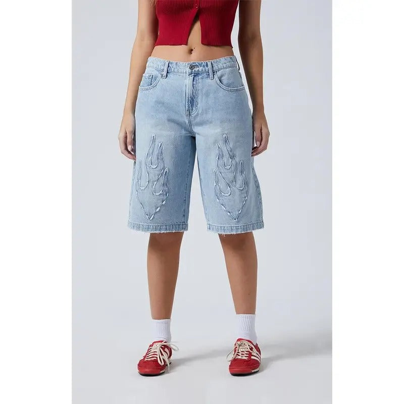 Pacsun Women's Light Indigo Flame Extreme Denim Jorts T-Shirts, Hoodie, Sweatshirt | WearSparks.com
