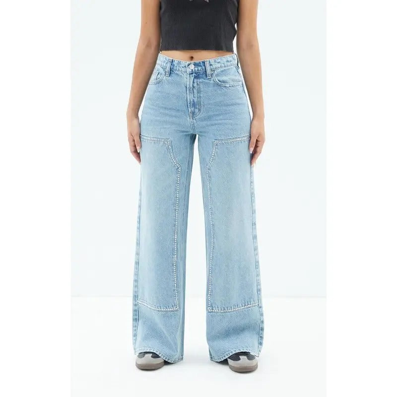 Pacsun Women's Nora Indigo Rhinestone Wide Leg Carpenter Jeans