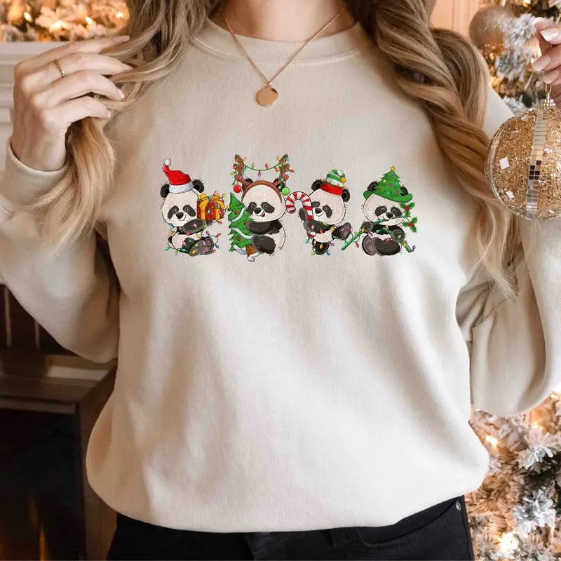 Panda Christmas Sweatshirt,Christmas Gift,Panda Lover Shirt, Christmas Panda Shirt, Animals Farm Shirt,Christmas Shirt Cotton Crewneck