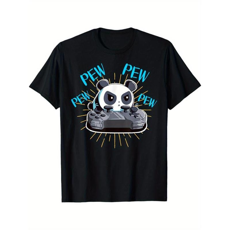 Panda Printed, Men's Cotton Graphic T-shirt, Casual Short Sleeve Crew Neck Gamer T-shirt, Men's Tee For Outdoor made in usa