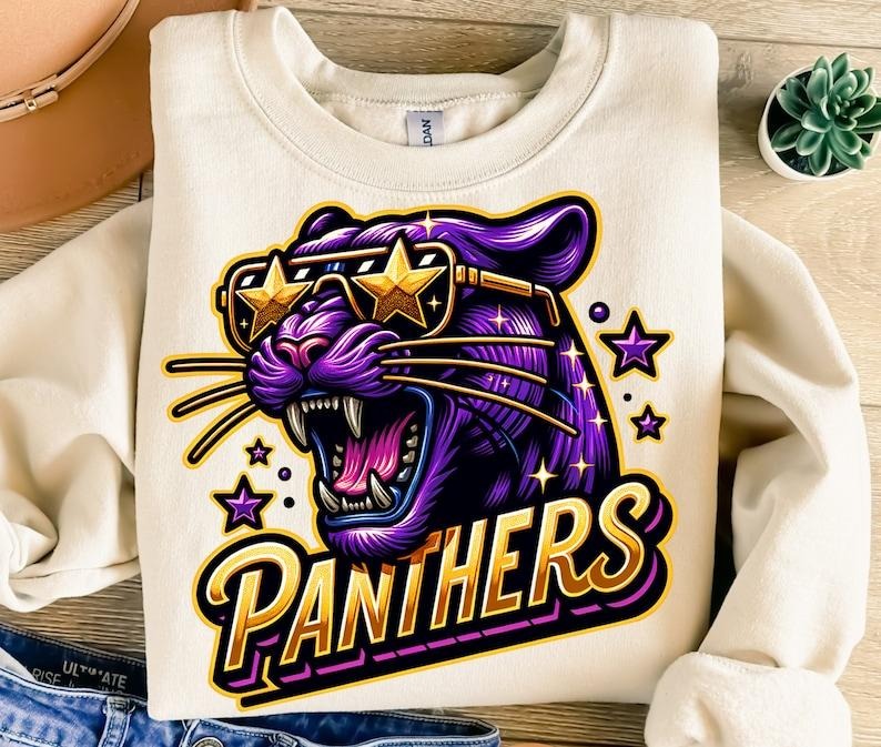 Panthers Png, Design, Mascot Png, Gold Purple Panther Png, Sport Png, Game Day Png, T-Shirt Design, Instant Png, DTF Menswear Top