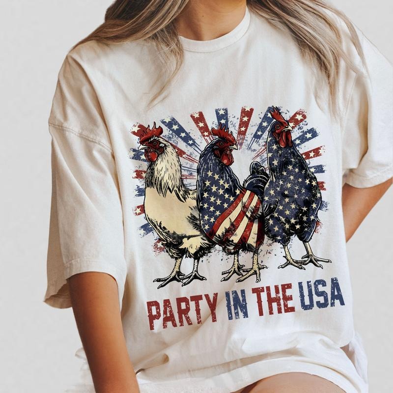 Party In The USA Chicken Shirts, Funny Chicken T-shirt, 4th Of July Tee, Patriotic USA Shirt, Shirt For Women, Retro Chicken USA Shirt, Independence Shirts, Retro American Tee, Women's Tops, Vintage Tee For Her, USA Flag Shirt