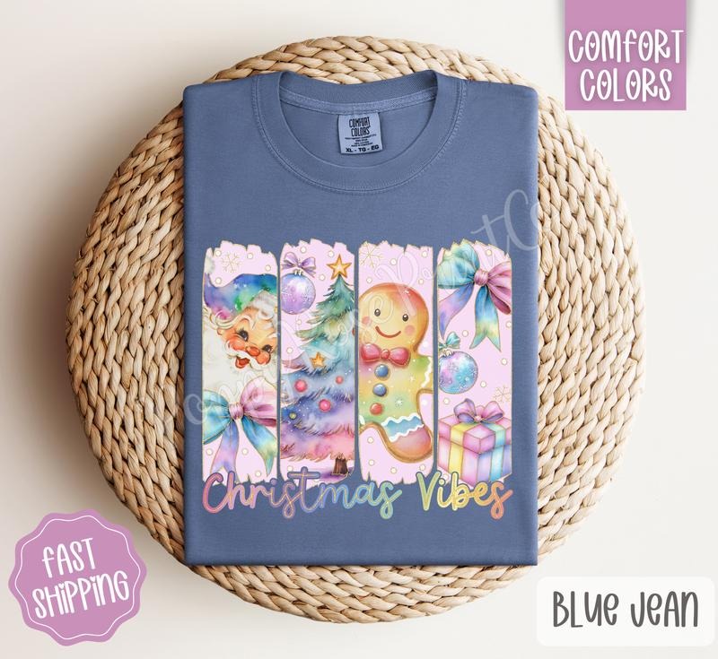 Pastel Christmas Vibes Shirt Comfort Colors, Trendy Women's Holiday Tshirt