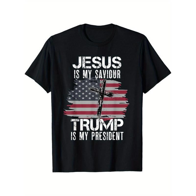 Patriotic American Flag & Jesus Graphic Tee - 100% Cotton, Comfort Fit Short Sleeve T-Shirt for Men made in usa
