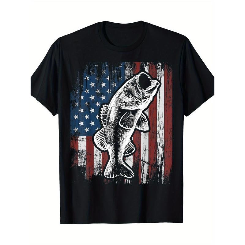 Patriotic American Flag Bass Father's Day Gift Men's T-shirt -100%cotton Made in USA