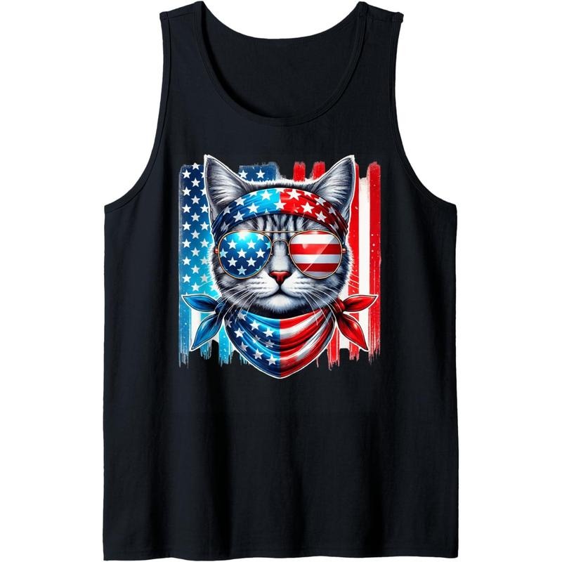 Patriotic American Flag Kitten Sunglasses Lover Cute Cat Tank Top made in USA