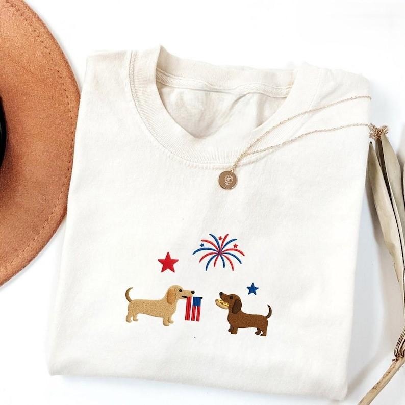 Patriotic Dachshunds Tshirt, 4th of July Pup Shirt, USA Flag Pet Tee, Independence Day Cute Shirt For Dog Mom, Trendy Husky Clothes graphic tees women