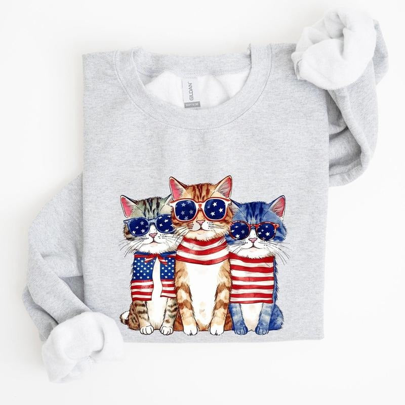 Patriotic Hippie Cats, Funny, 4th of July Sweatshirt, Women's Crew Neck, Crewneck T-Shirts, Hoodie | WearSparks.com