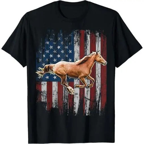 Patriotic Horse American Flag Horseback Riding Farm Gift T-Shirt Made in USA