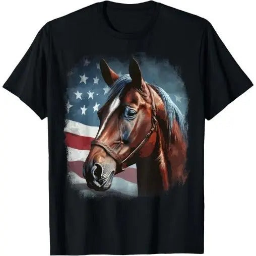 Patriotic Horse American Flag Horseback Riding Western Farm T-Shirt Made in USA