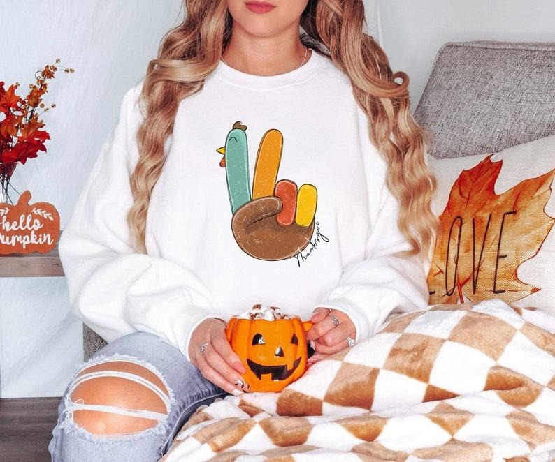 Peace Sign Turkey, Retro Thanksgiving Turkey Shirt, Hello Thanksgiving Sweatshirt, Gift For Thanksgiving, Happy Thanksgiving Shirt, Hoodie and Sweater; T-shirt Cotton Womenswear