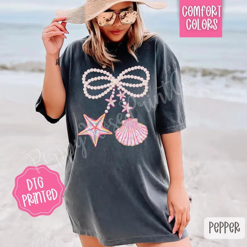Pearl Shell Bow Comfort Colors Tshirt, Cute Summer Tee, Girly Beach Shirt