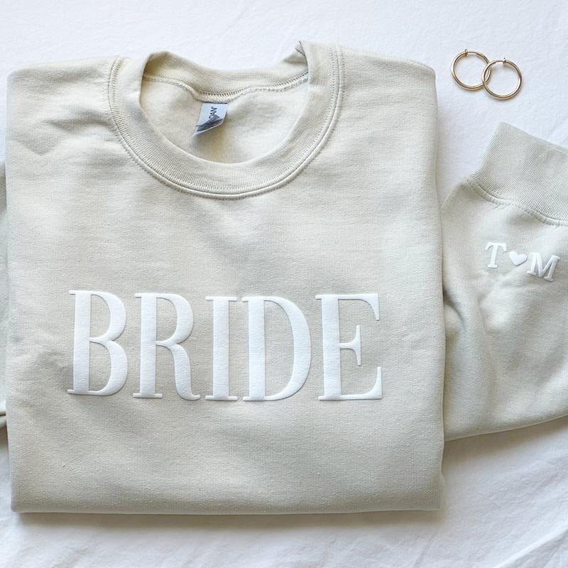 Personalized Gift For Bride, Bride Puff Print Sweatshirt, Initial Heart Sleeve, Engagement Gift, Unique Bridal Shower Gift, Future Mrs Sweatshirt