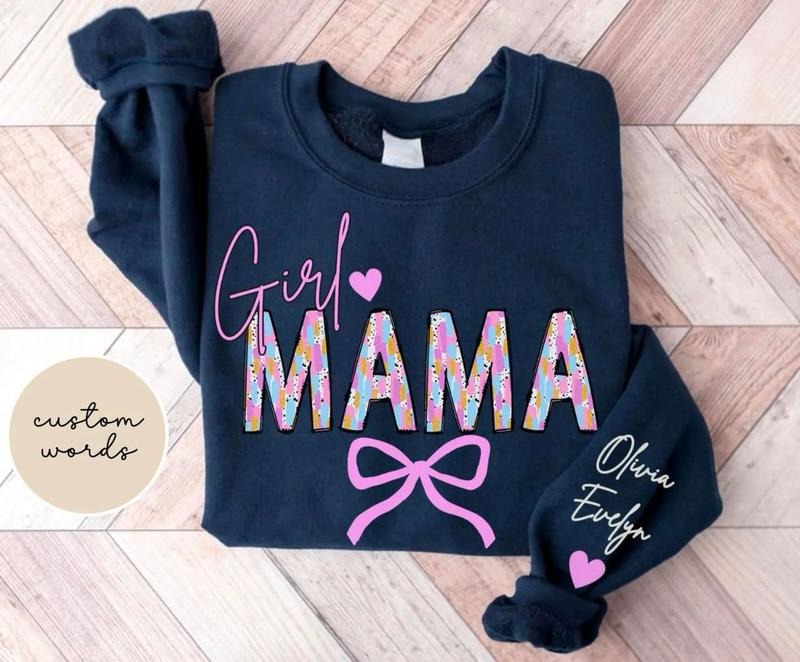 Personalized Girl Mama Sweatshirt, Coquette Mom of Girls Shirt, Pregnancy Announcement Tee, New Mama Top, Mothers Day Shirt, Brushstroke Mama Sweatshirt