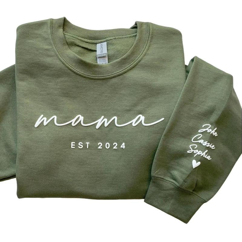 Personalized Mama Est Puff Print Sweatshirt with Kid Names on Sleeve, Mothers Day Gift, Birthday Gift for Mom, New Mom...