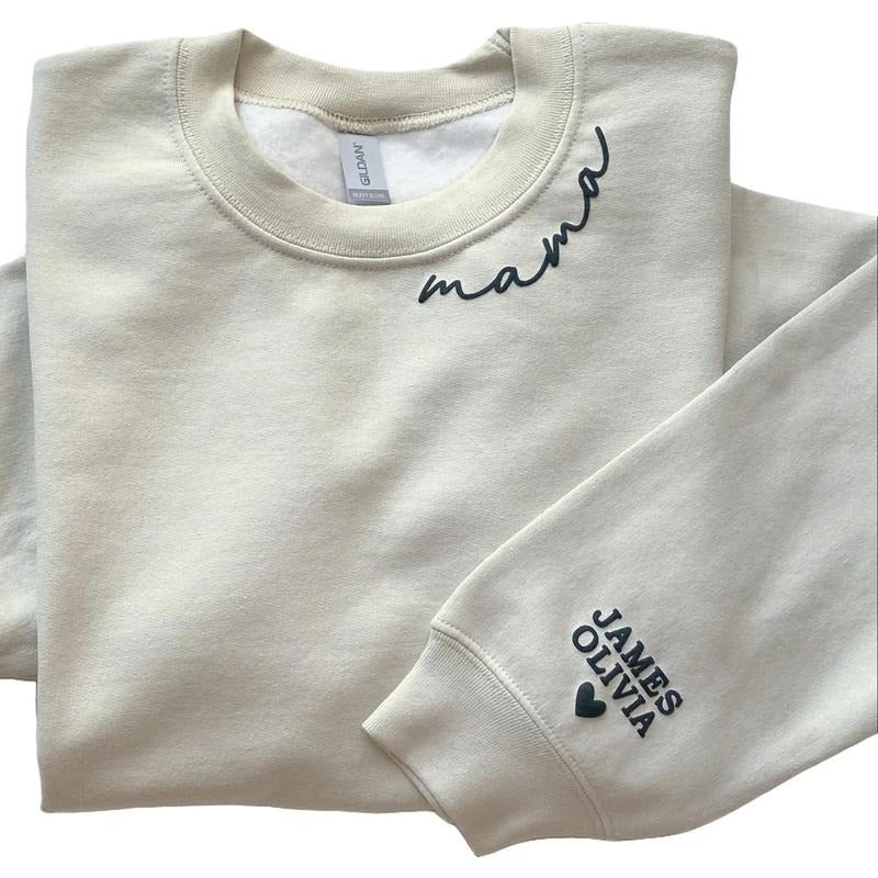 Personalized Mama Puff Print Sweatshirt with Kid Names on Sleeve, Mothers Day Gift, Birthday Gift for Mom, New Mom Gift,...