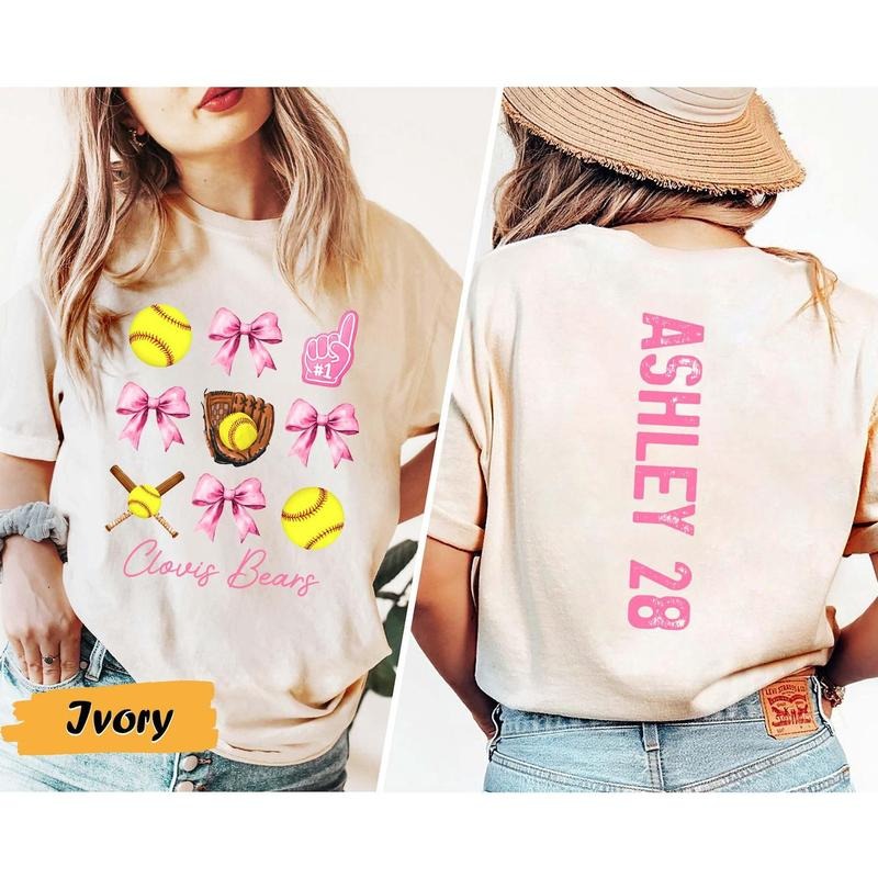 Personalized Softball Mama Shirt with Bow Team Mom T Shirt with Kid Name number, Custom J1r.sey Softball Coquette Sweatshirt Sport Mama