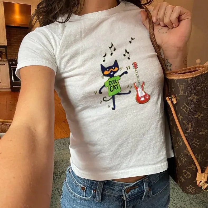 Pete the Cat Cool Cat Baby Tee Y2K Baby Tee, 90s Baby Tee, Graphic Shirt Crop, Coquette, Vintage Design Casual Cotton