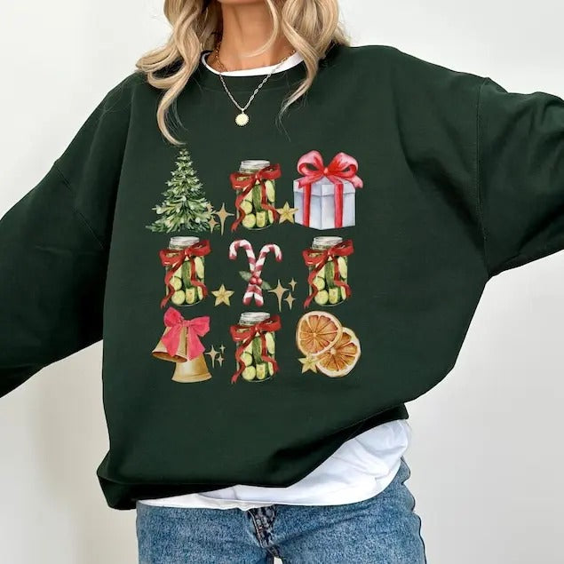 Pickle Christmas Sweatshirt Coquette Pickle Sweatshirt Gift for Pickle Lover Pickle Crewneck Pickle Lover Sweatshirt Vintage Christmas