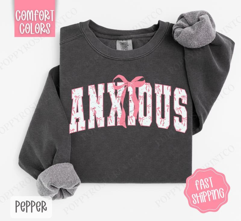 Pink Anxious Bow Comfort Colors Sweatshirt, Women's Crewneck, Cute Women's Sweater T-Shirts, Hoodie | WearSparks.com