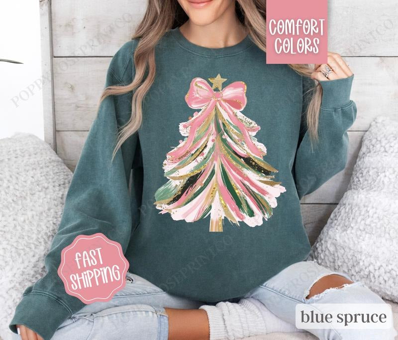 Pink Bow Christmas Tree Sweatshirt Comfort Colors, Coquette Christmas Tree Crewneck, Women's Holiday Sweater