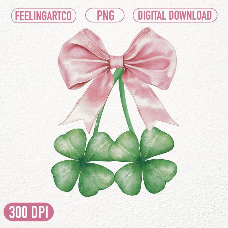 Pink Bow Shamrock St Patrick's Day Clover Clipart Watercolor Irish Lucky Coquette Clover Green Leaf T-Shirts, Hoodie,...