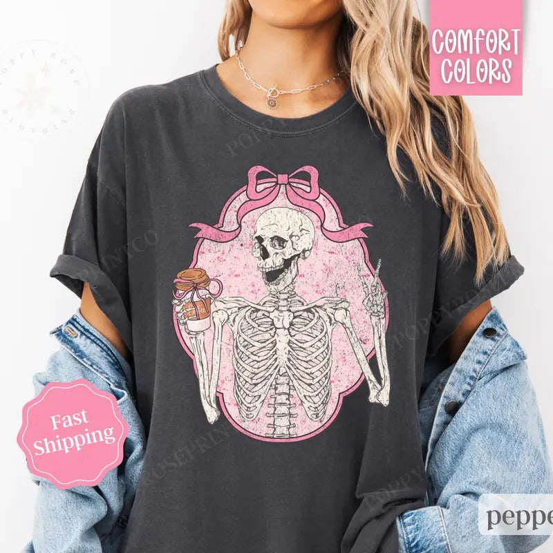 Pink Bow Skeleton Shirt Comfort Colors, Coquette Halloween Tshirt, Coffee Lover Tee