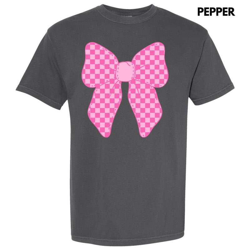 Pink Checker Bow Comfort Colors T-Shirt 'NLB'