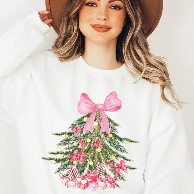 Pink Christmas Tree Sweatshirt, Adorned with Cute Bows on Elbows, Ideal for Holiday Festivities, Perfect Christmas Gift for Her