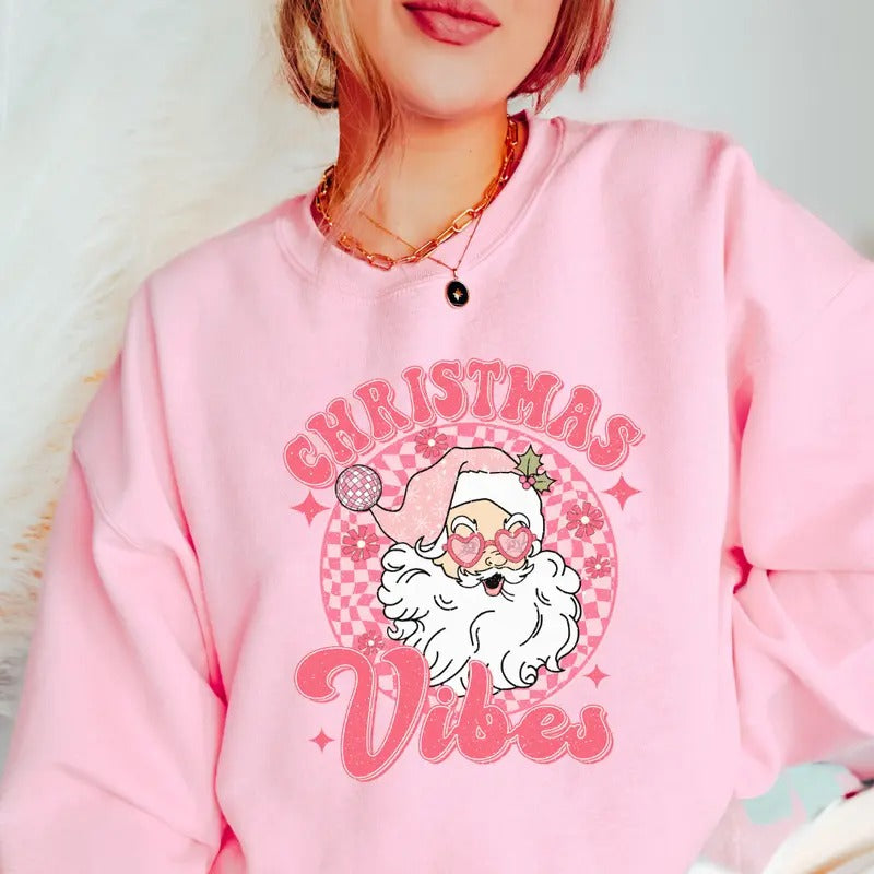Pink Christmas Vibes Crewneck, Christmas Sweatshirt, Winter Season Graphic, Casual Cotton Crewneck, Polyester, Oversized