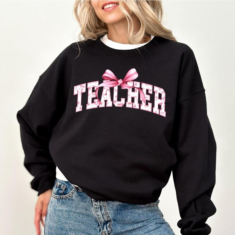 Pink Coquette Bow Teacher Sweatshirt, Varsity Teacher Crewneck, Coquette Bow Sweater, Teacher Gift Shirt, Back To School Outfits, 1st Day of School Teacher Tee, Comfy Long Sleeve Pullover, Women's Tops, Casual Womenswear