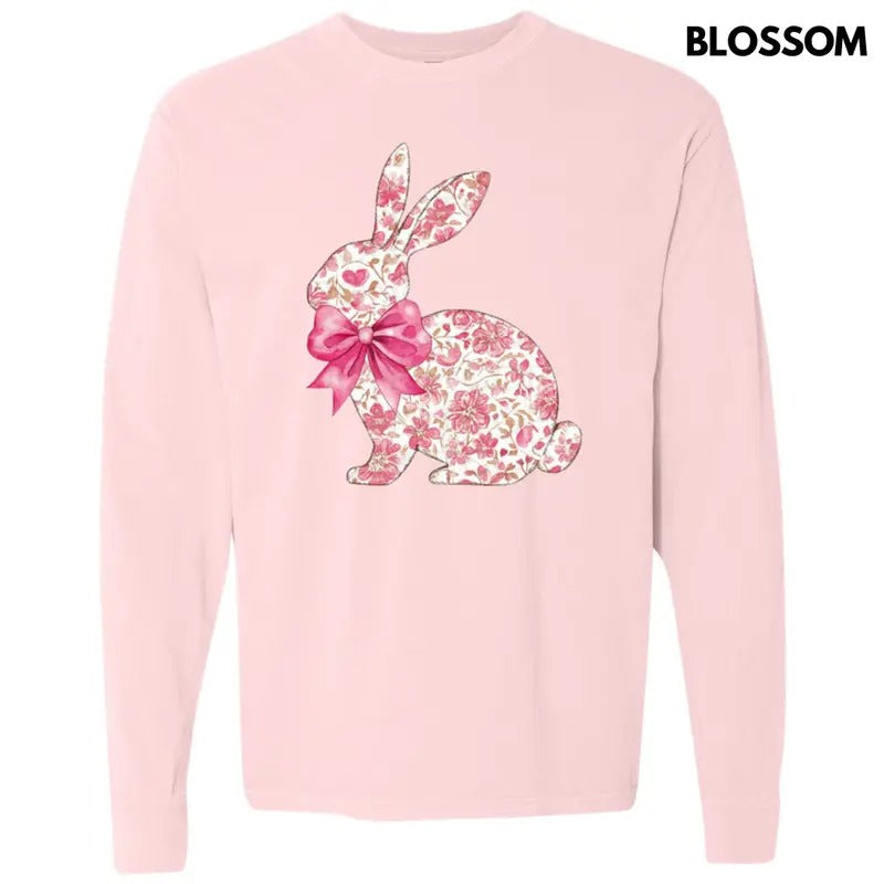 Pink Floral Easter Bunny Long Sleeve Comfort Colors T-Shirt